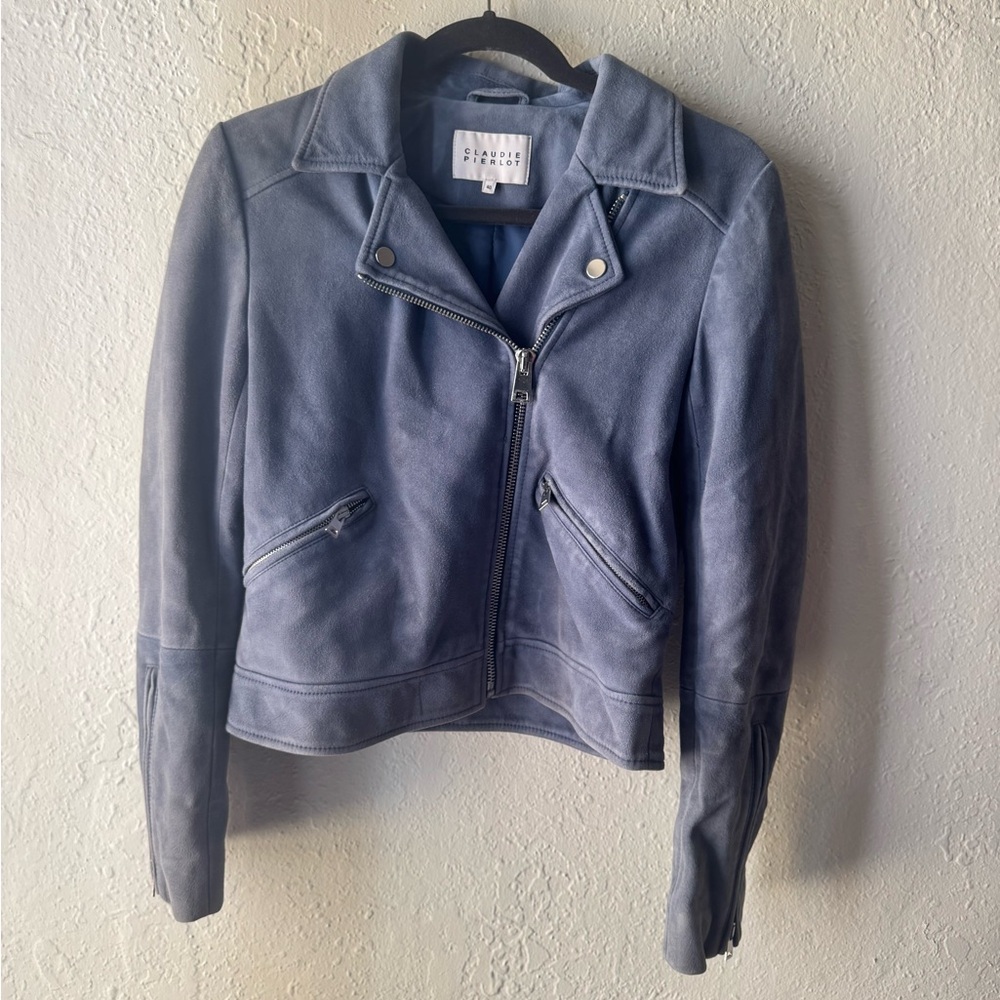 Claudie Pierlot Blue Suede Motorcycle Jacket